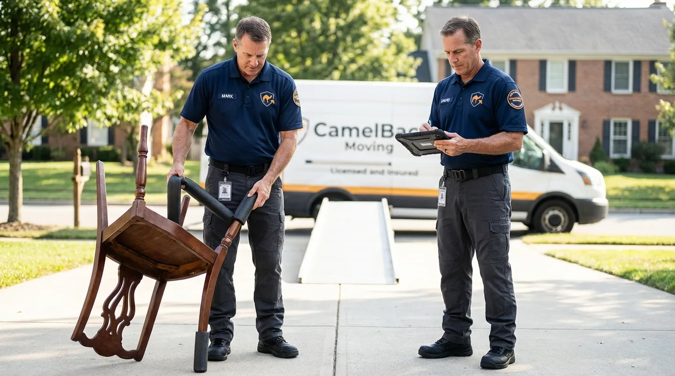 Movers inspecting furniture for damage prevention before loading in Melbourne Beach, FL